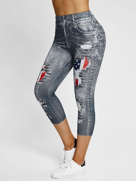 3d Patriotic American Flag Print Crop Jeggings