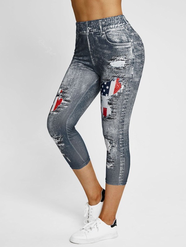 3d Patriotic American Flag Print Crop Jeggings