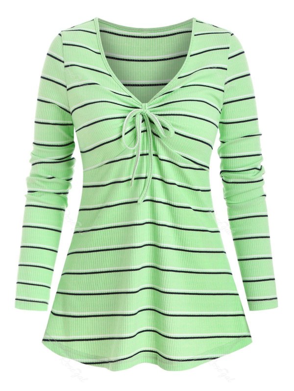 Bowknot Detail Striped Pattern Ribbed T-shirt