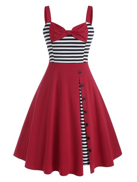 Bowknot Striped Panel Buttoned 1950s Dress