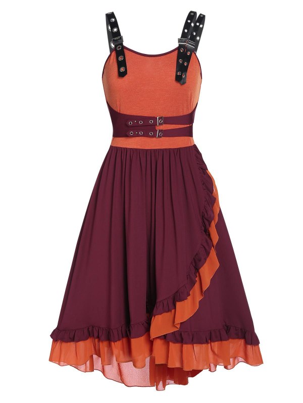 Buckle Strap Ruffled High Low Dress