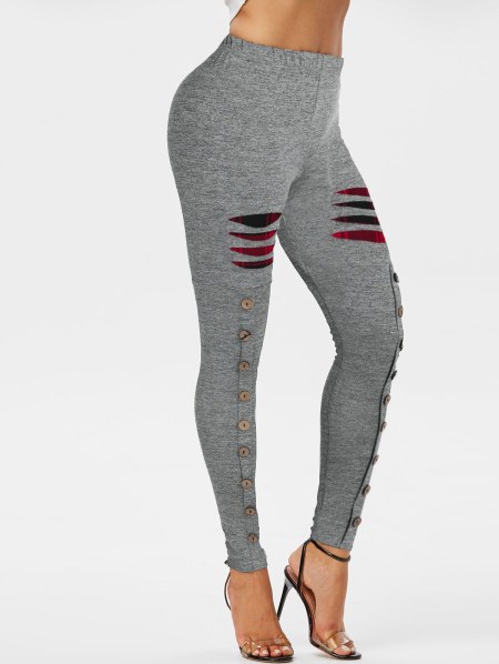 Button Embellished Plaid Print Ripped Skinny Pants