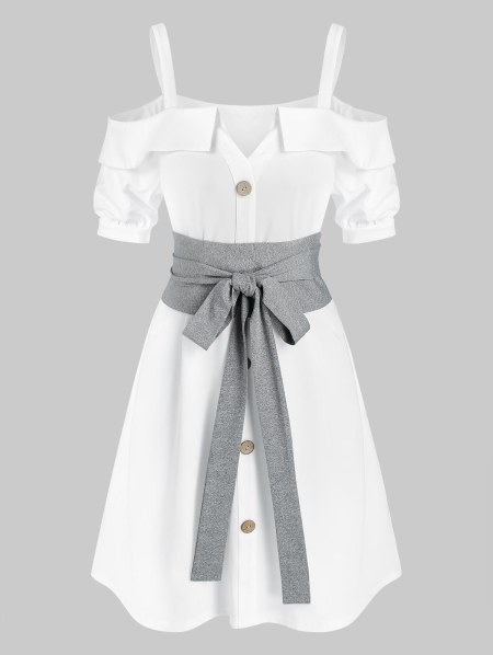 Button Through Cold Shoulder Belted Dress