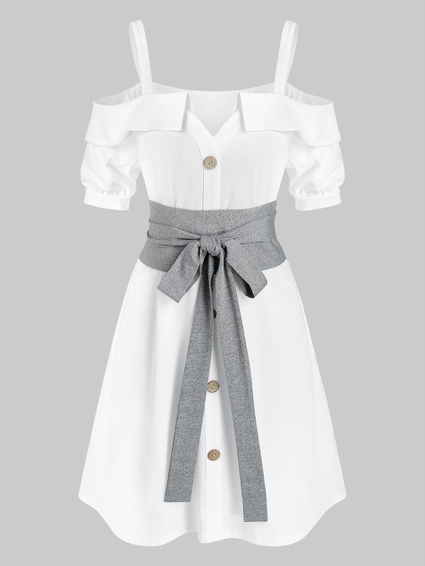 Button Through Cold Shoulder Belted Dress