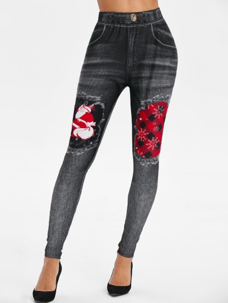 Christmas 3d Destroyed Jean Print Santa Claus Jeggings
