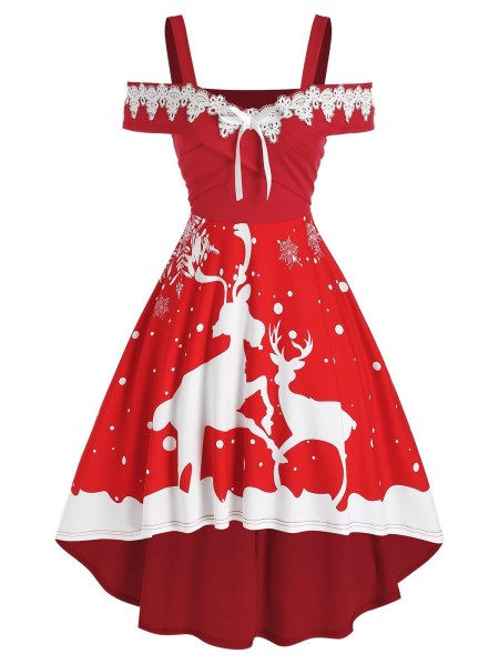 Christmas Elk Print Lace Panel High Low Dress