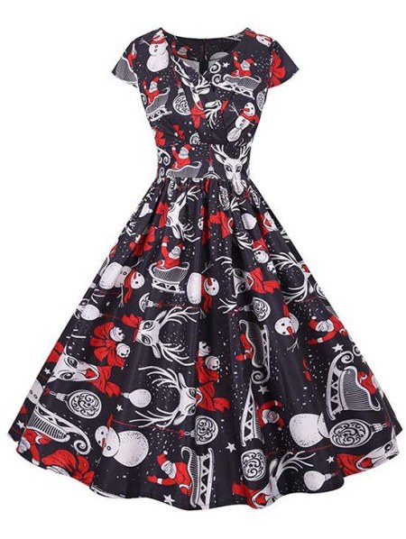 Christmas Gift Santa Claus Print Cap Sleeve Surplice Dress
