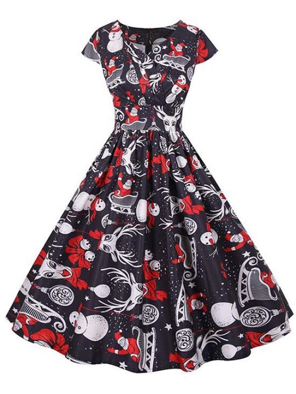 Christmas Gift Santa Claus Print Cap Sleeve Surplice Dress