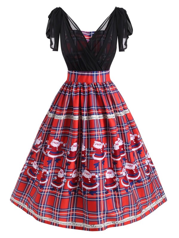 Christmas Plaid Santa Claus Bowknot Chiffon Panel Dress