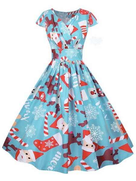 Christmas Santa Claus Elk Snowflake Cap Sleeve Dress