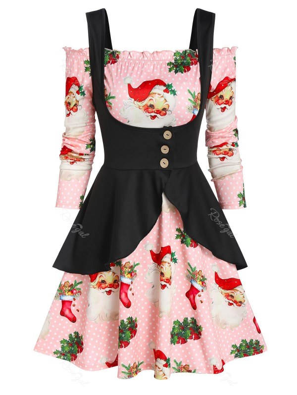 Christmas Santa Claus Polka Dot Print Dress And Peplum Vest