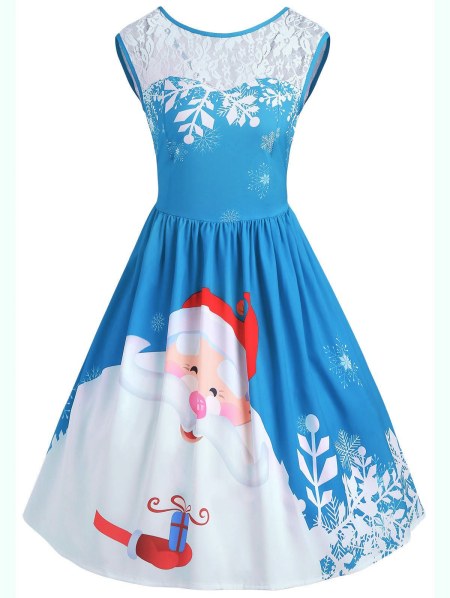 Christmas Santa Claus Print Lace Insert Party Dress