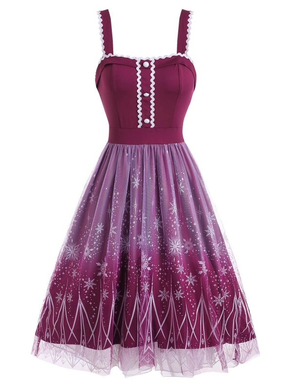 Christmas Snowflake Mesh Overlay High Low Sleeveless Dress