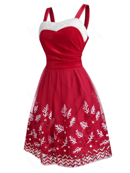 Christmas Velvet Leaves Mesh Sequins Dress
