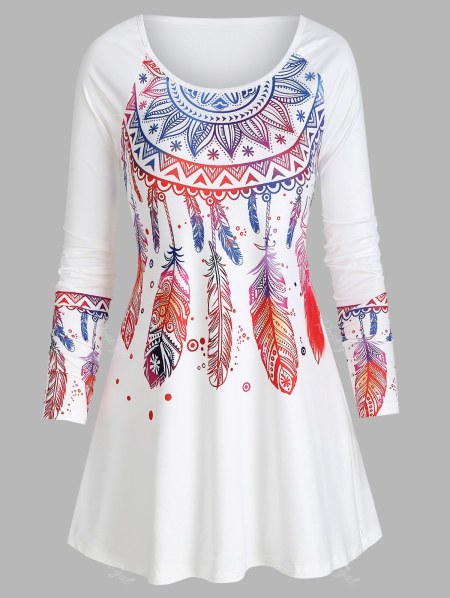 Colorful Feather Print Scoop Neck Long Sleeve T Shirt