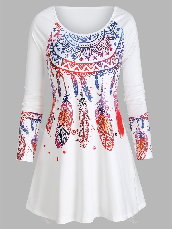Colorful Feather Print Scoop Neck Long Sleeve T Shirt