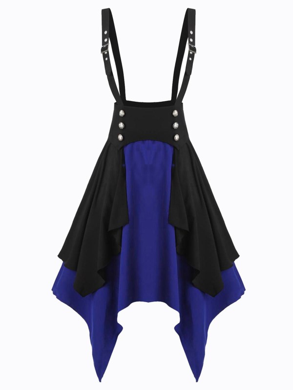Contrast Button Layered Asymmetrical Suspender Skirt