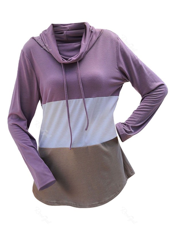 Cowl Neck Drawstring Colorblock Tunic Tee