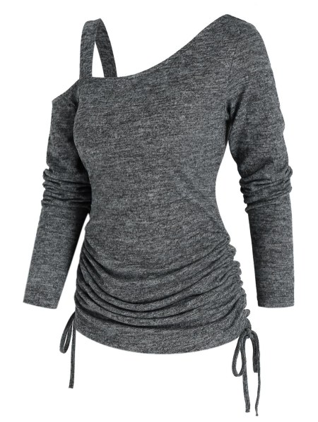 Drawstring Solid Skew Collar Sweater