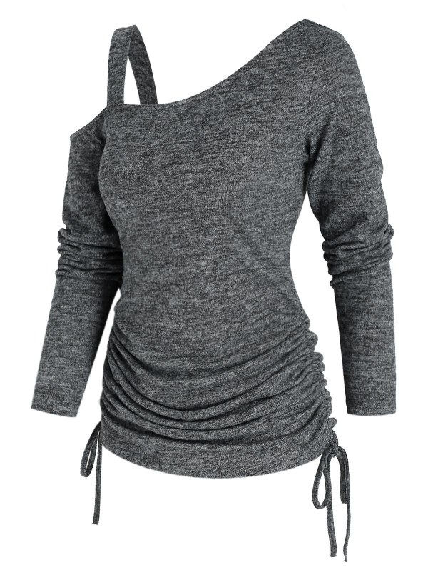 Drawstring Solid Skew Collar Sweater