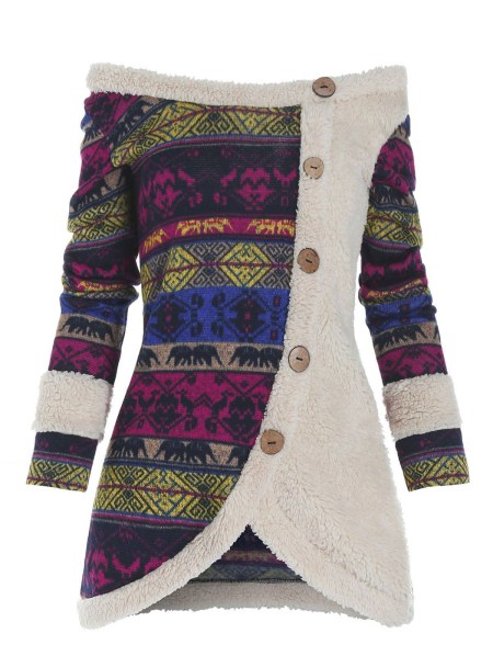 Faux Fur Insert Tribal Pattern Mock Button Sweater