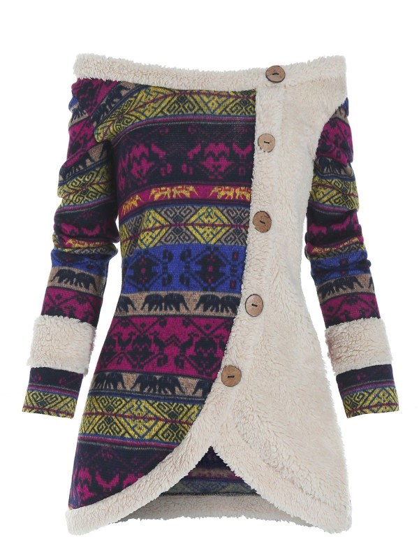 Faux Fur Insert Tribal Pattern Mock Button Sweater