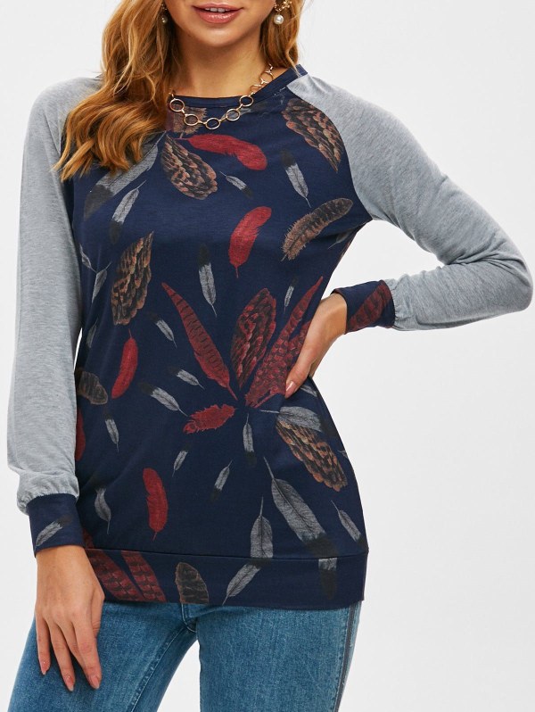 Feather Print  Raglan Sleeve Sweatshirt