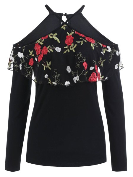 Floral Embroidery Flounce Cold Shoulder Top