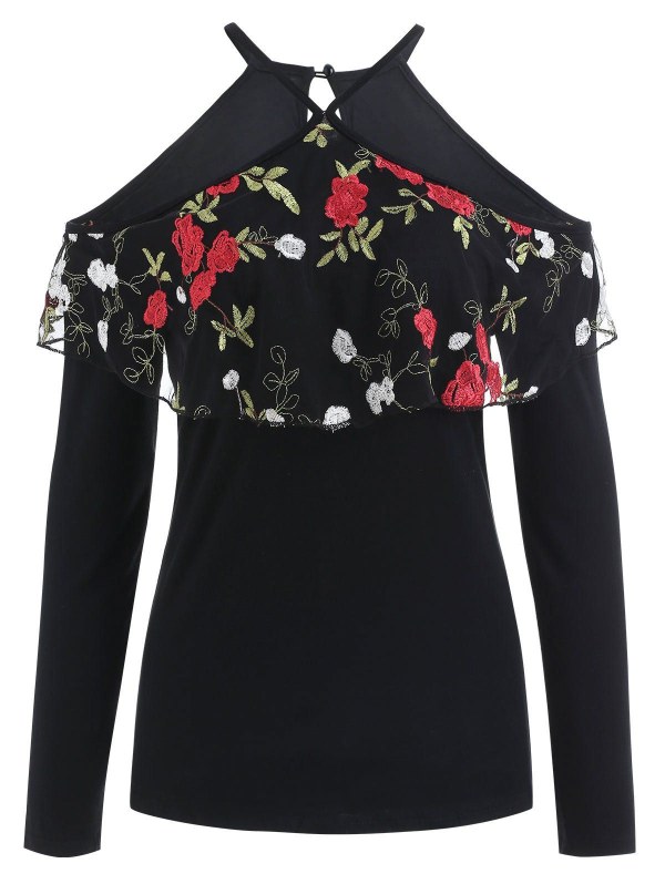 Floral Embroidery Flounce Cold Shoulder Top