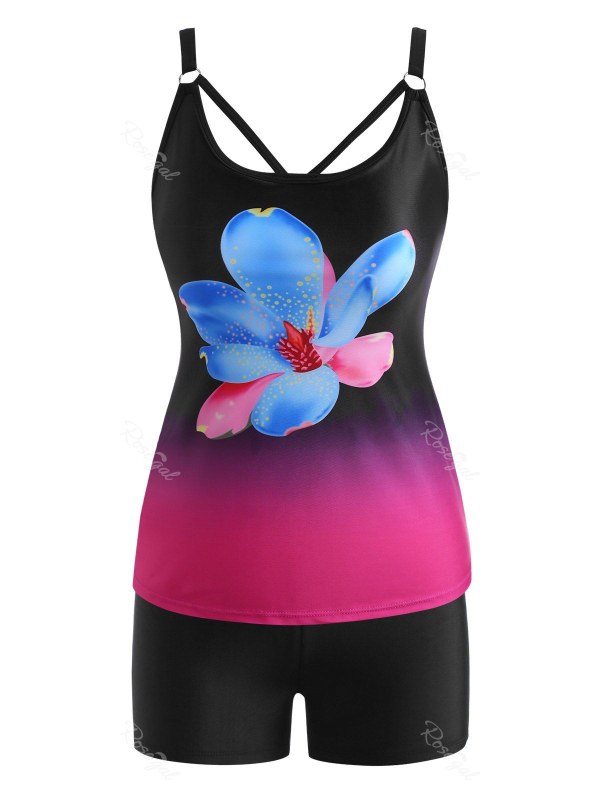 Floral Ombre Lattice Strappy Back Tankini Swimwear