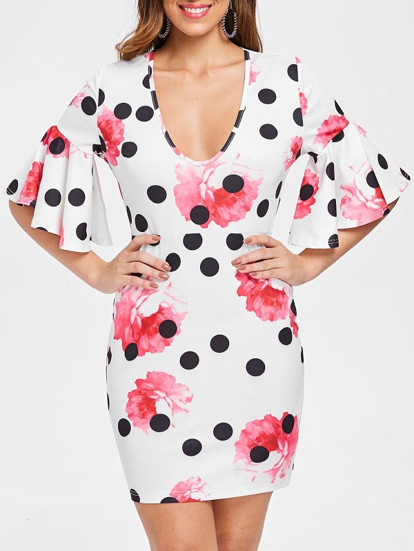 Floral Polka Dot Print Slim Fit Dress