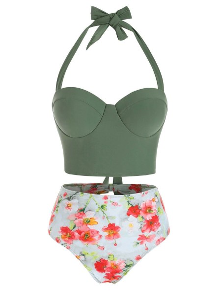 Floral Print Cutout Halter Tankini Swimsuit