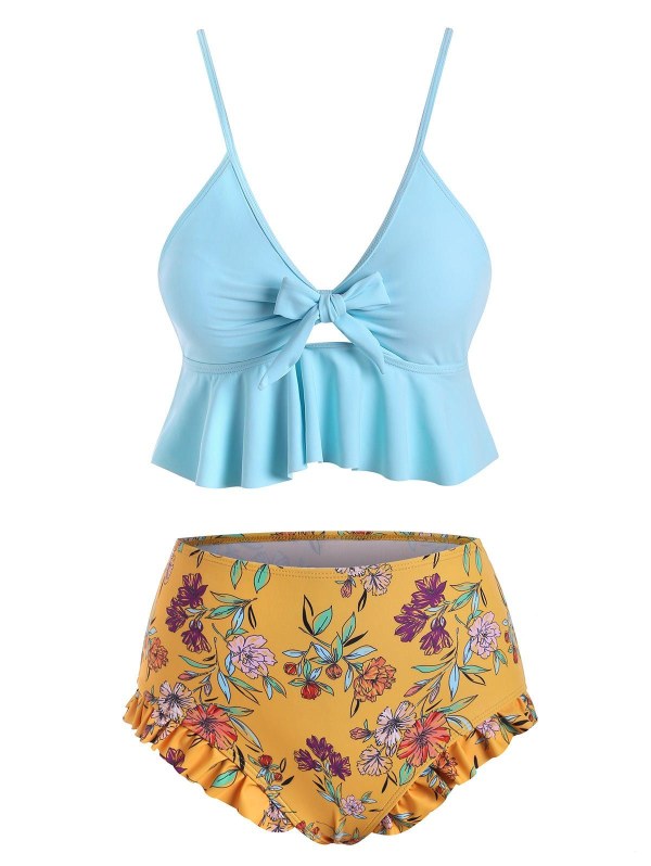 Floral Print Knotted Padded Tankini Swimwear