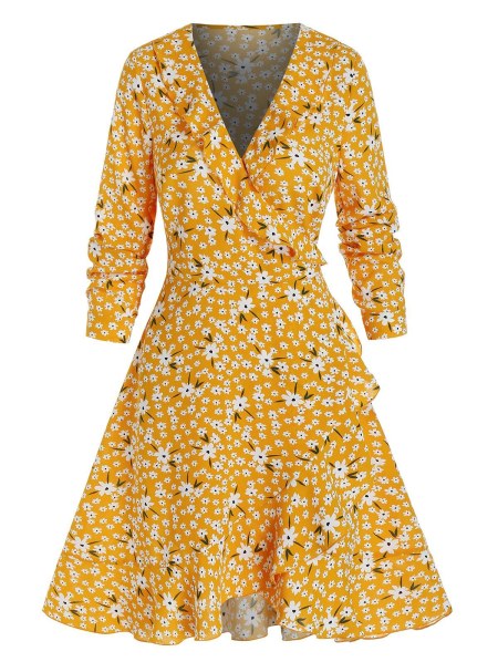 Floral Print Long Sleeve Flounced Wrap Dress