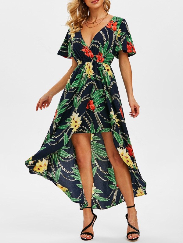 Flower Chain Print Layered High Low Maxi Dress