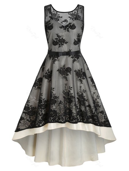 Flower Patterned Lace Overlay Belted Dip Hem Dress