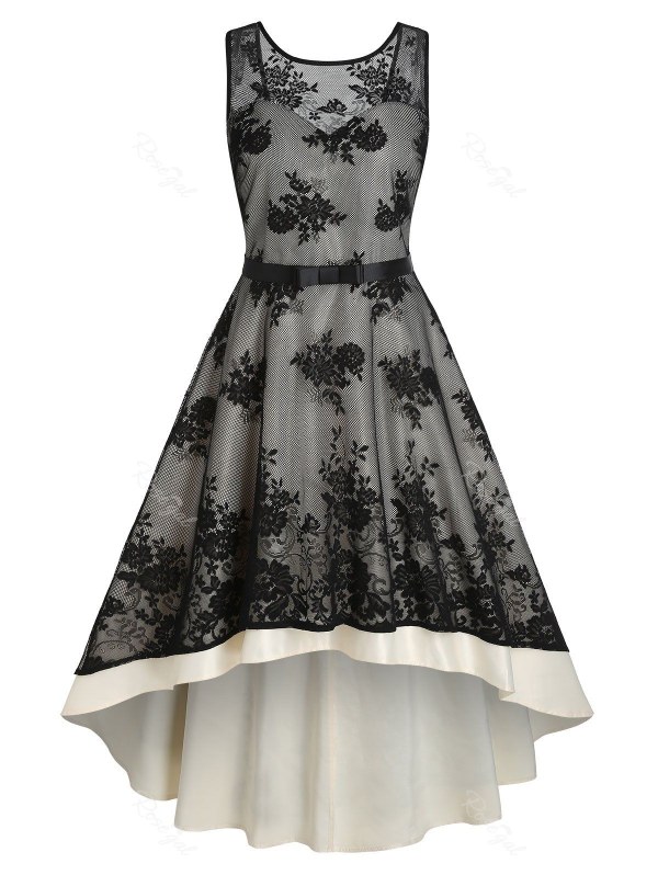 Flower Patterned Lace Overlay Belted Dip Hem Dress