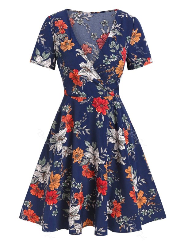 Flower Print Plunging Neck Surplice Dress