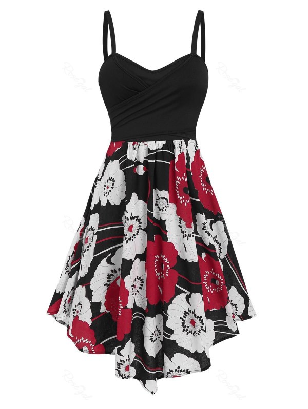 Flower Printed Cross Surplice Flare Dress