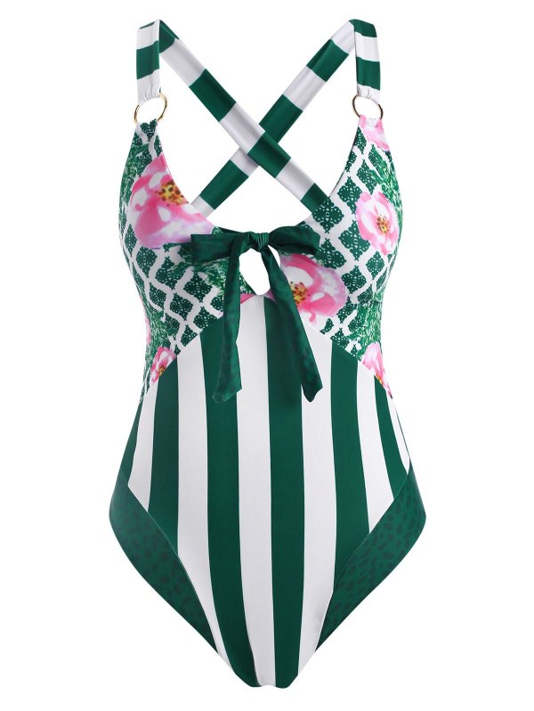 Flower Striped Leopard O Ring Bowknot Criss Cross One-piece Swimsuit