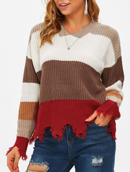 Frayed Hem Colorblock V Neck Sweater