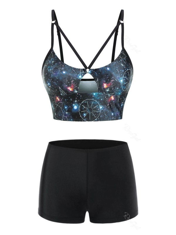 Galaxy Print Strappy Keyhole Cutout Boyshorts Tankini Swimwear