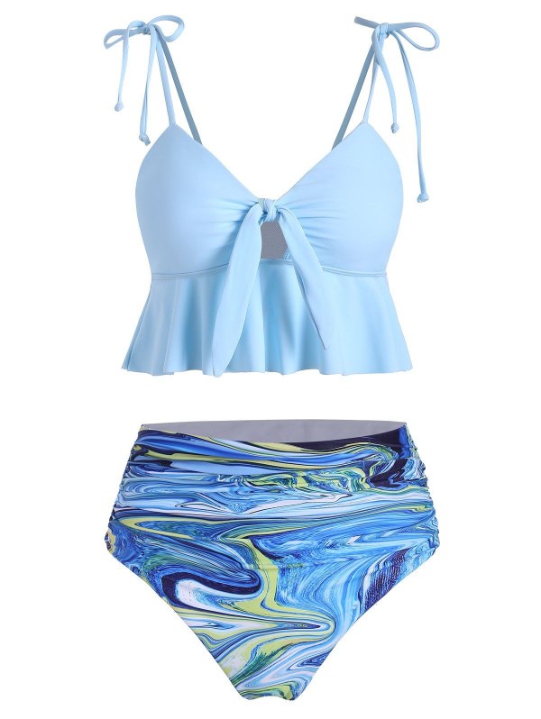 Galaxy Print Tie Ruched Knot Peplum Tankini Swimsuit