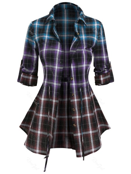 Gradient Plaid Print Drawstring Blouse
