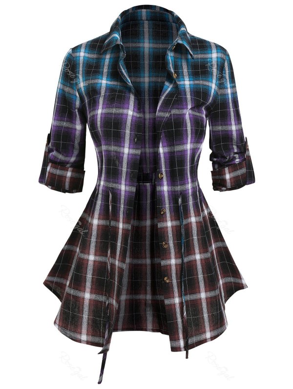 Gradient Plaid Print Drawstring Blouse