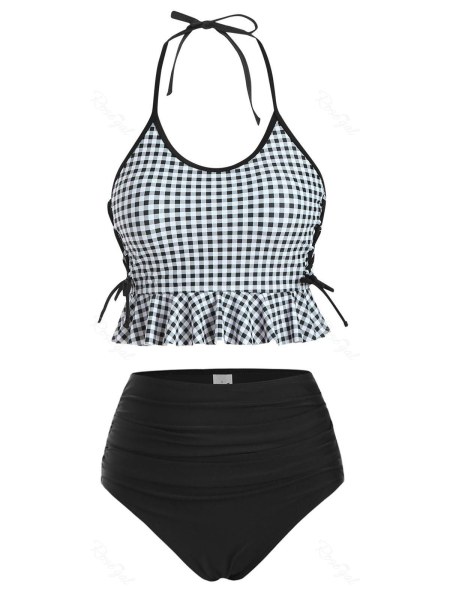 Halter Gingham Ruffle Lace-up Tankini Swimwear