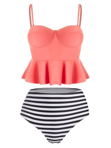 High Waisted Striped Flounce Peplum Tankini