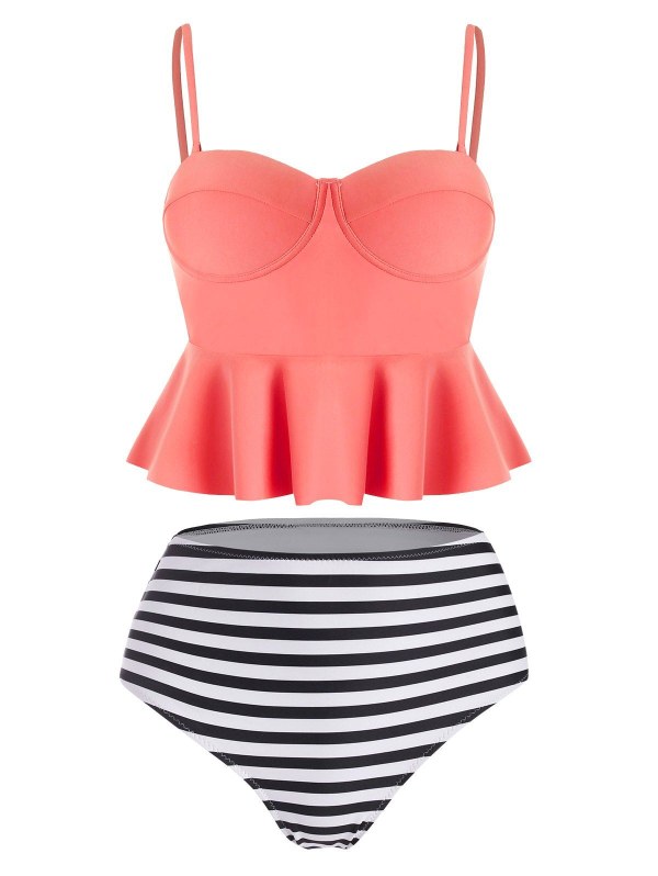 High Waisted Striped Flounce Peplum Tankini