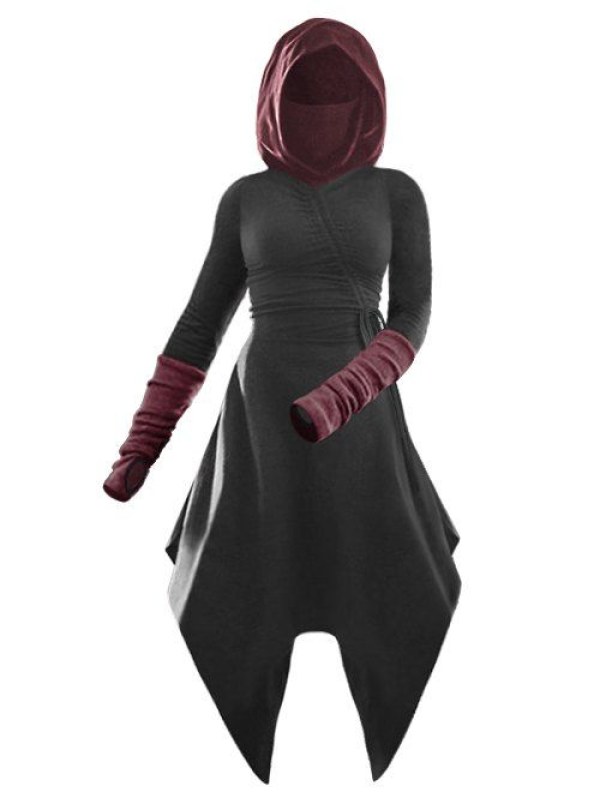 Hooded Cinched Contrast Asymmetrical Dress