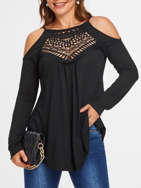 Lace Insert Cold Shoulder Curved Hem T-shirt